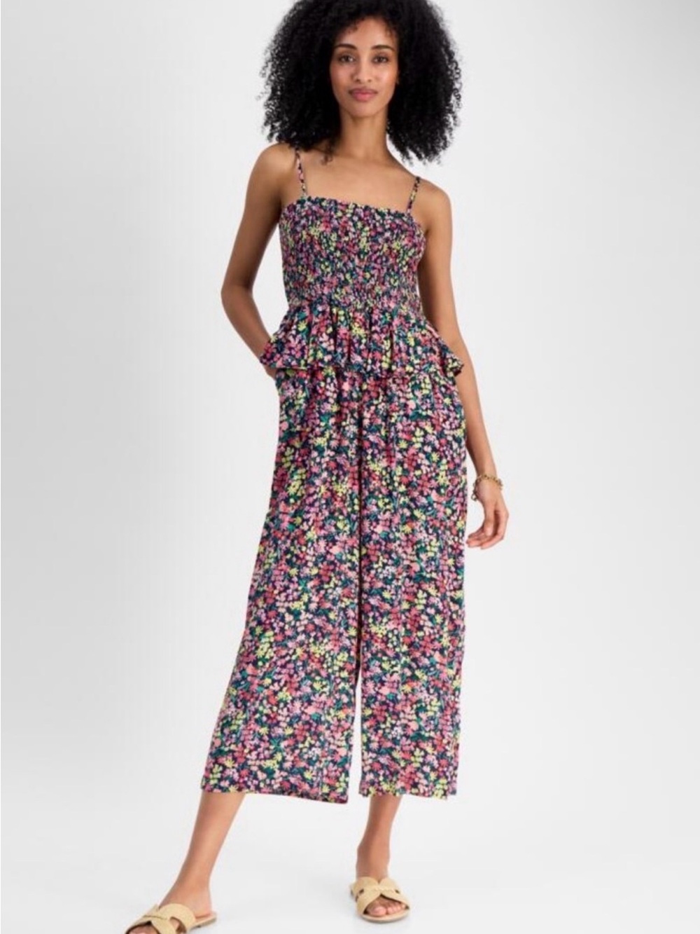 Tommy Hilfiger Floral Smocked Wide-Leg Jumpsuit - Pink Multi EUC XL Extra large